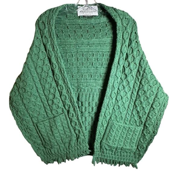Aran Sweater Market Shawl Fisherman Merino Wool Cable Knit Green Pockets NWOT OS - Picture 1 of 16
